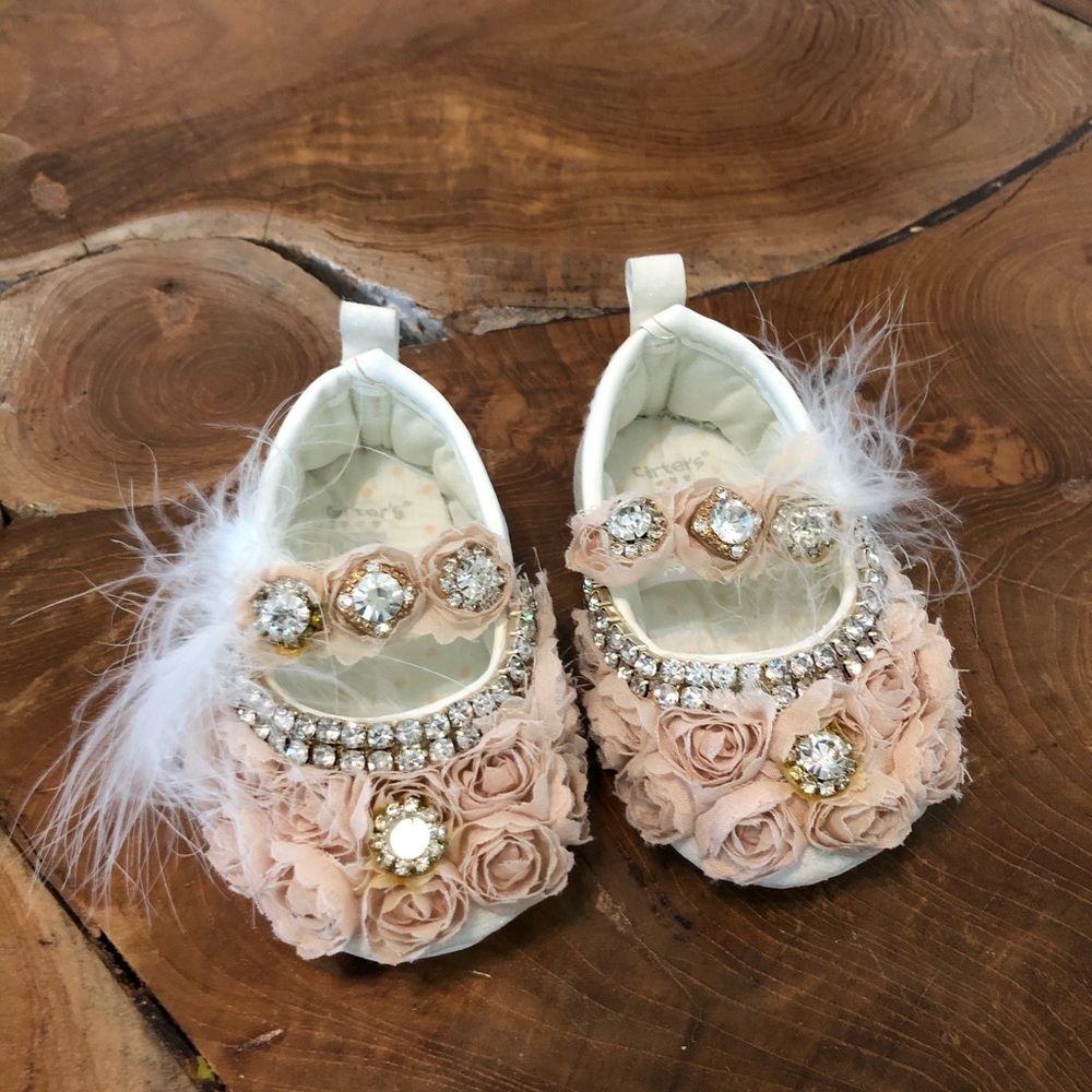 Baby Walker Shoes - Blush Floral Jeweled Mary Janes